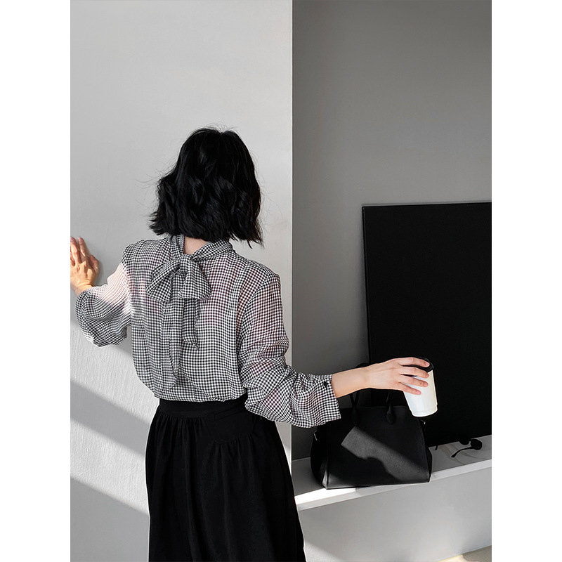 チェック 服 チェック柄長袖ブラウス リボンタイ付きトップス