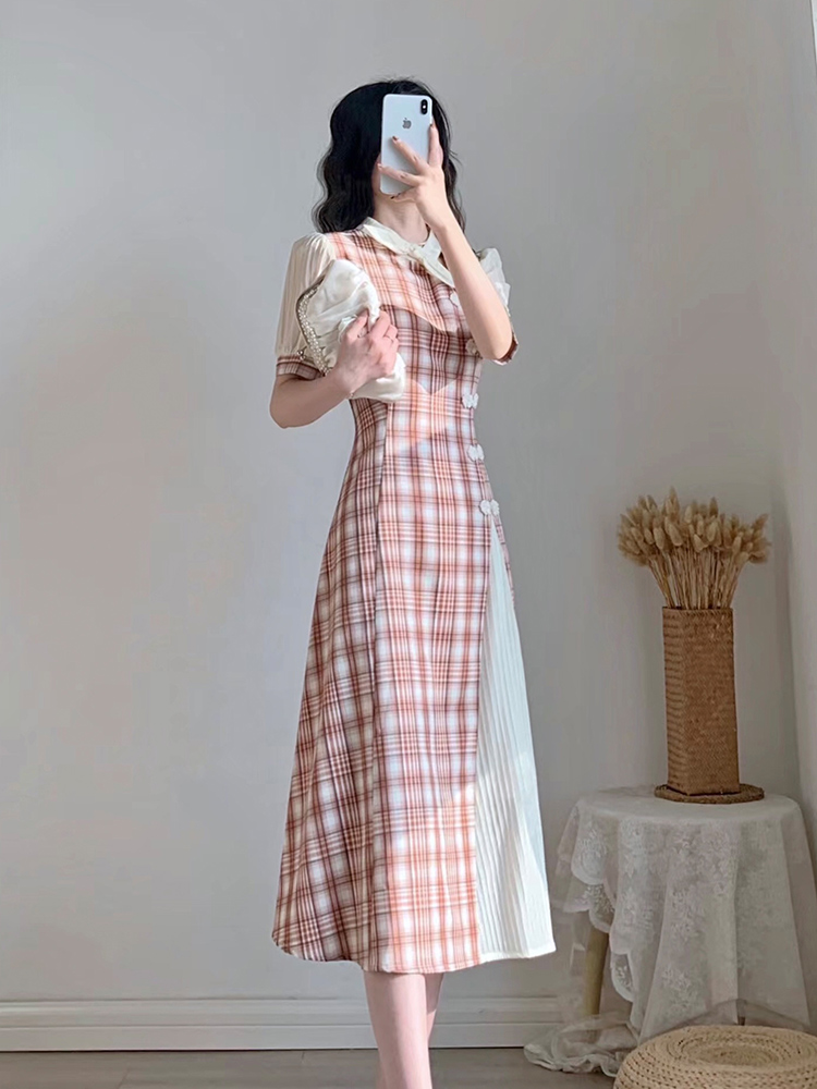 チェック服 チャイナ風チェック柄ロングワンピース