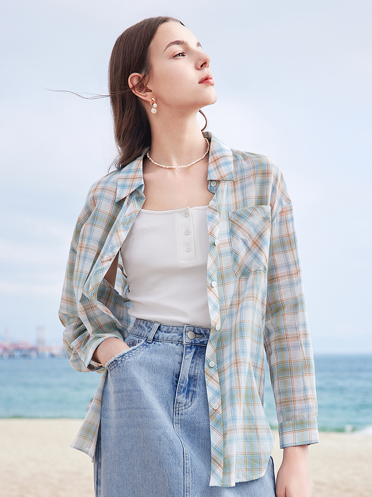 チェック服 レトロ風チェック柄長袖純綿シャツ