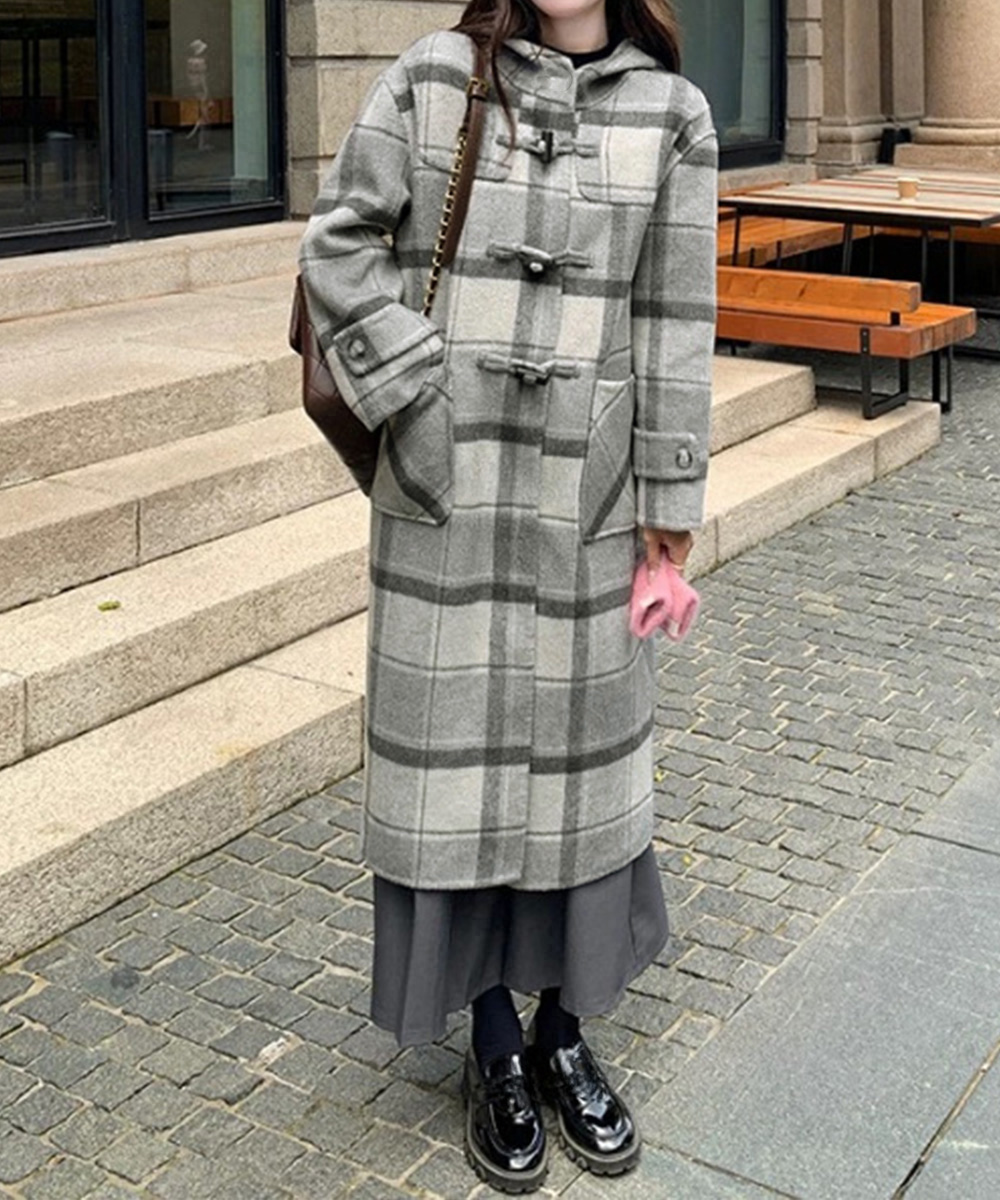 チェック 服 チェック柄フード付きトグルボタンロングコート