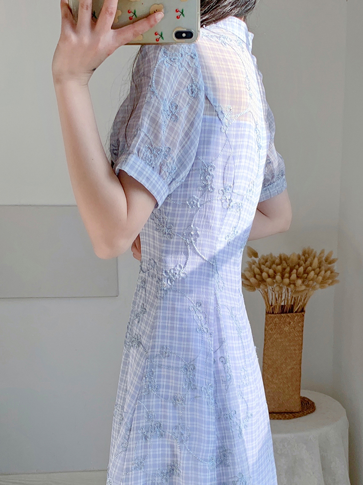 チェック服 花柄刺繍チェック柄チャイナ風ワンピース