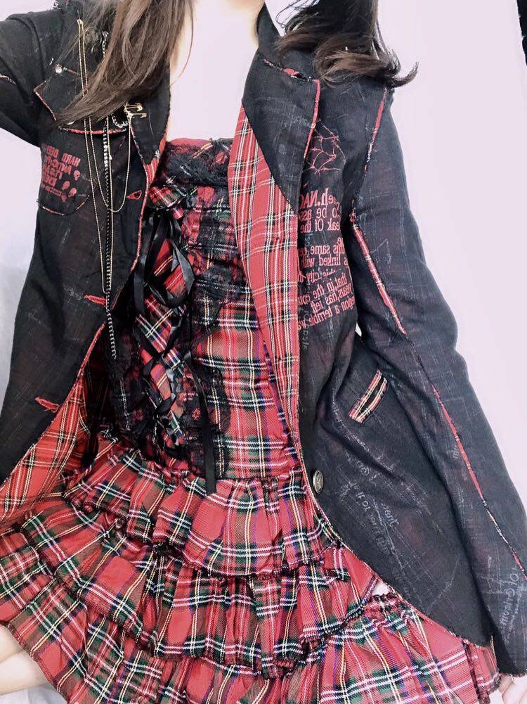 チェック 服 格子柄フリルコルセット風ティアードドレス