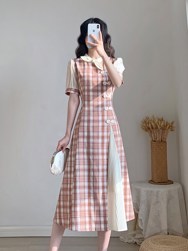 チェック服 チャイナ風チェック柄ロングワンピース