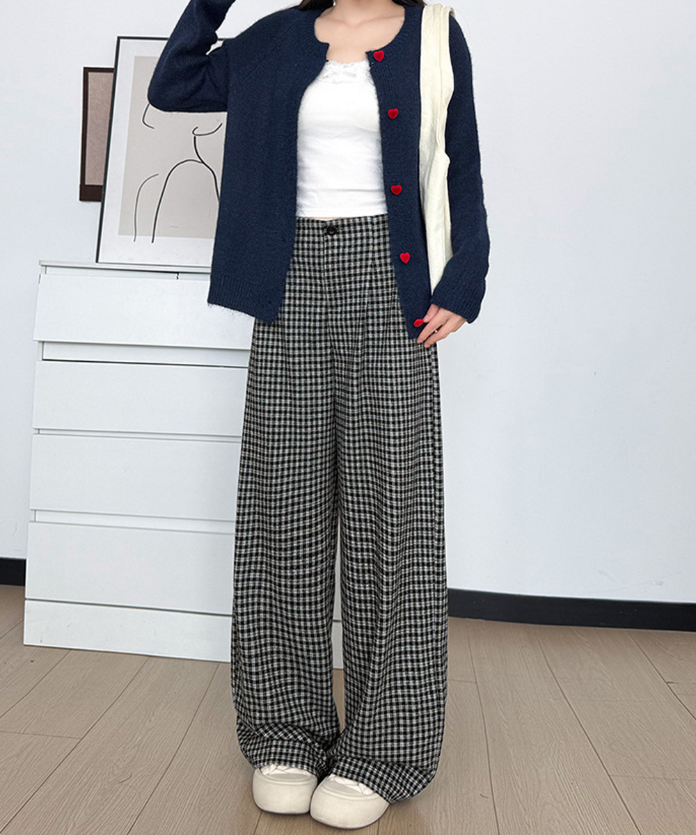 チェック 服 チェック柄ワイド美脚ハイウエストパンツ 