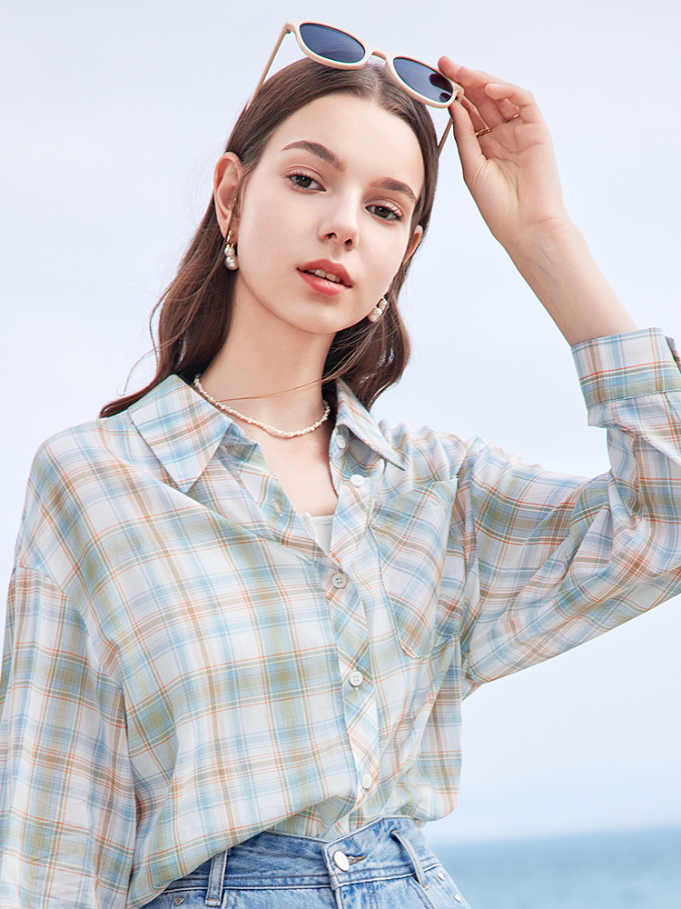 チェック服 レトロ風チェック柄長袖純綿シャツ