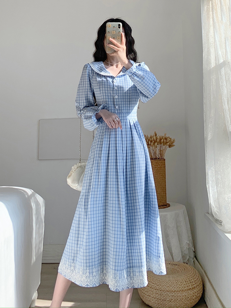 チェック服 クラシカルチェック柄レース切替フレアワンピース