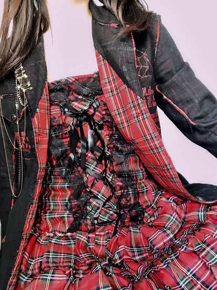 チェック 服 格子柄フリルコルセット風ティアードドレス