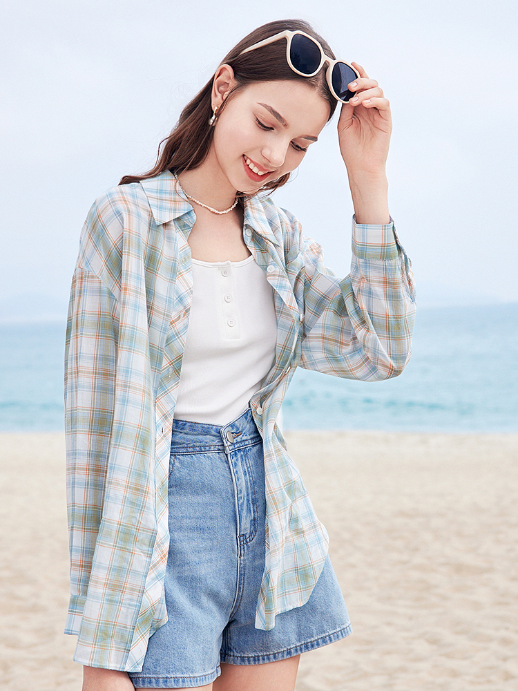 チェック服 レトロ風チェック柄長袖純綿シャツ