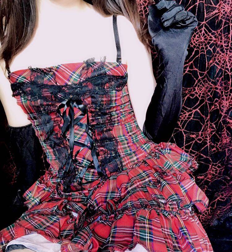 チェック 服 格子柄フリルコルセット風ティアードドレス