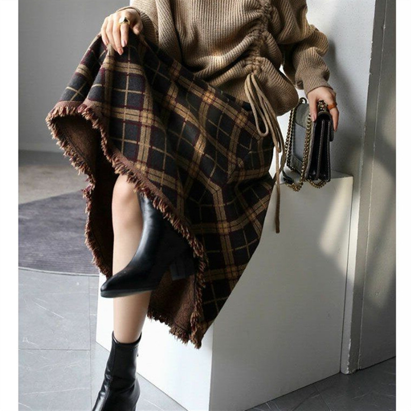 チェック 服 チェック柄フリンジスカート ミモレ丈 秋冬 大人きれいめ