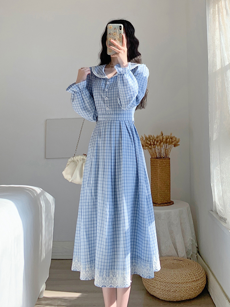 チェック服 クラシカルチェック柄レース切替フレアワンピース