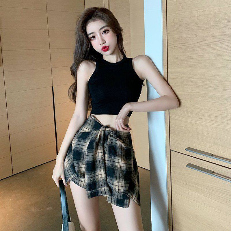 チェック 服 チェック柄アシンメトリーリボン付きミニスカート