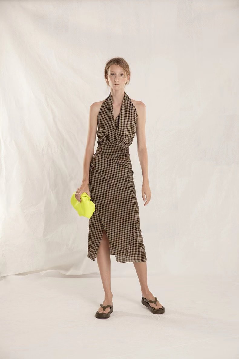 チェック 服 千鳥格子柄ホルターネック背中開きワンピース