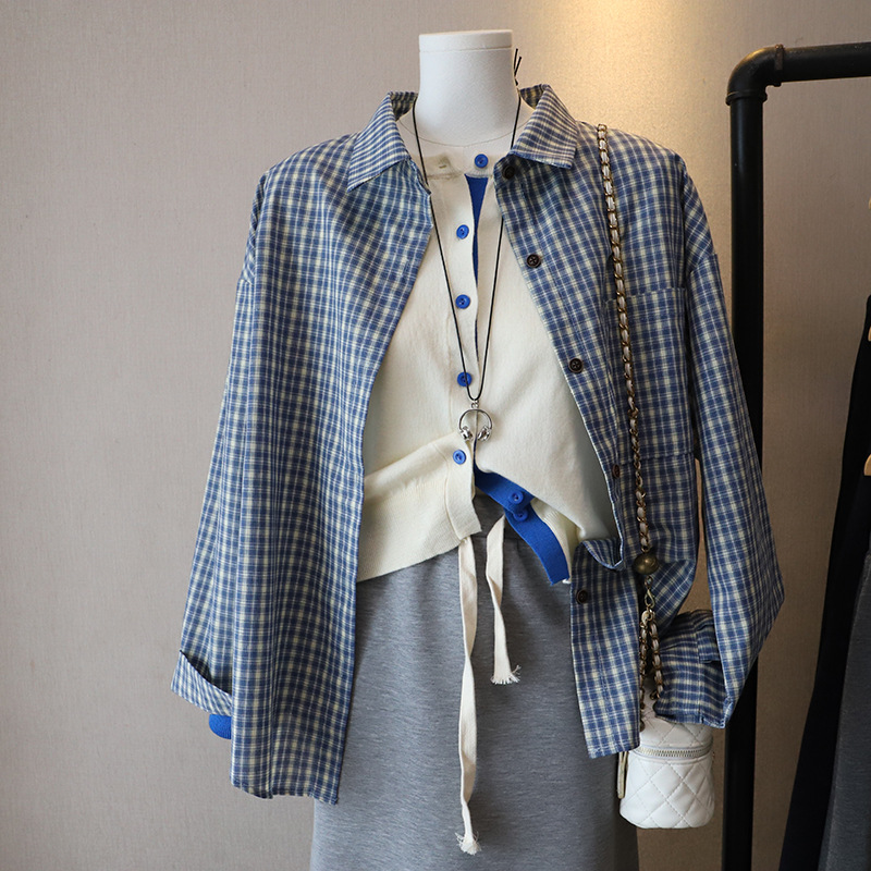 チェック 服 秋の新作★青系チェック柄長袖シャツブラウス