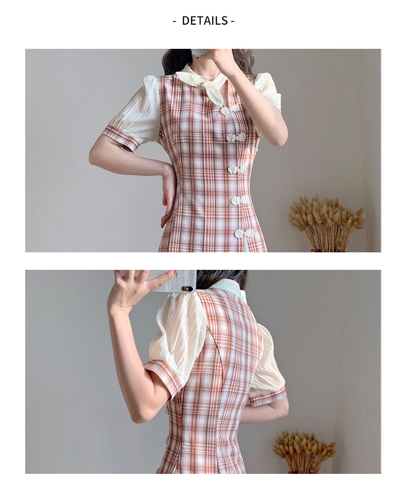 チェック服 チャイナ風チェック柄ロングワンピース