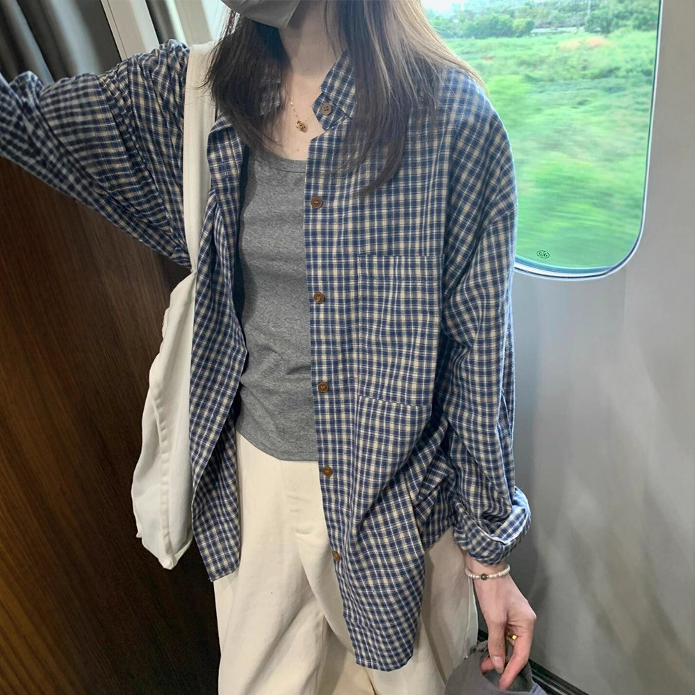 チェック 服 秋冬レディースゆったりチェック柄長袖シャツブラウス