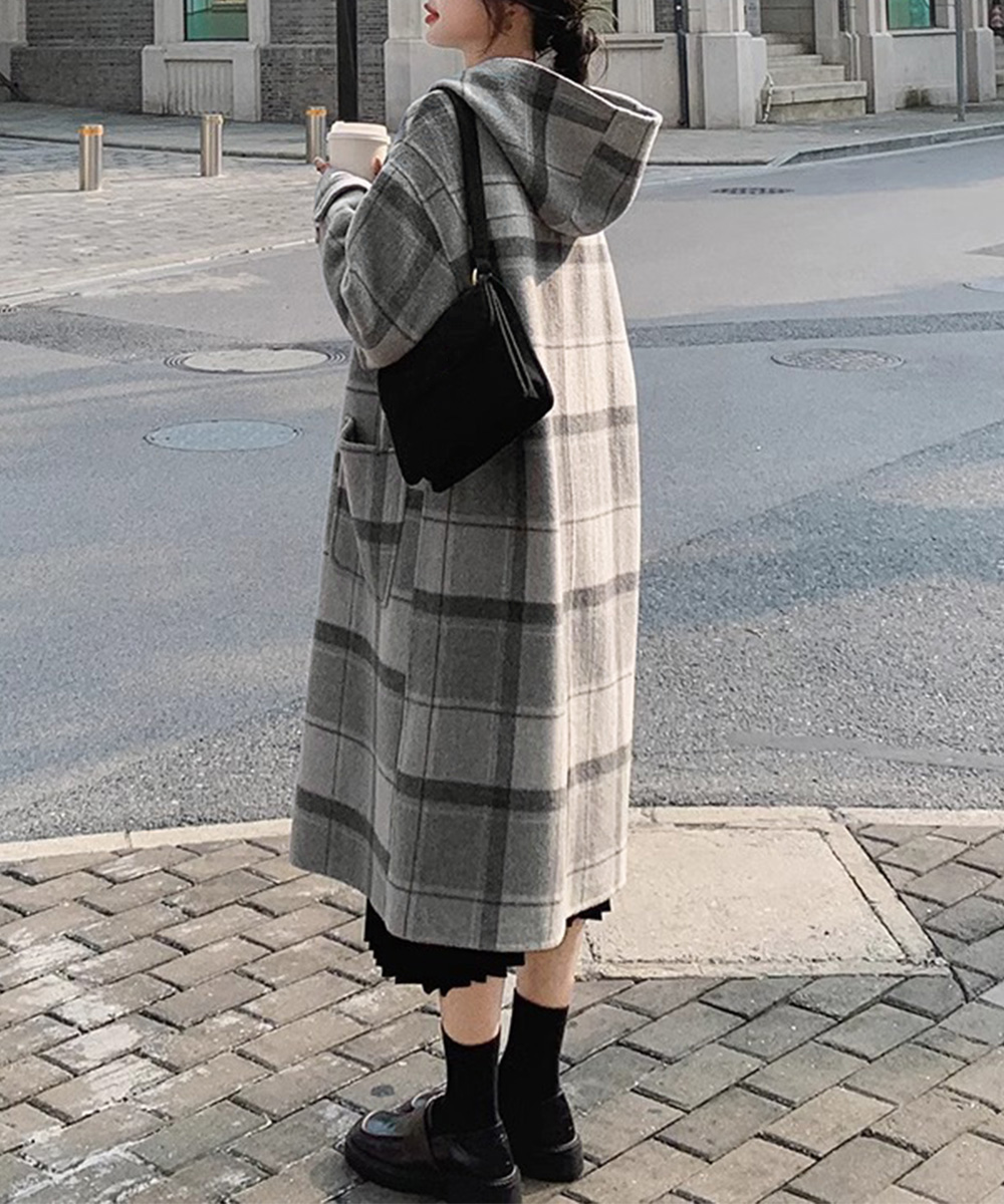 チェック 服 チェック柄フード付きトグルボタンロングコート