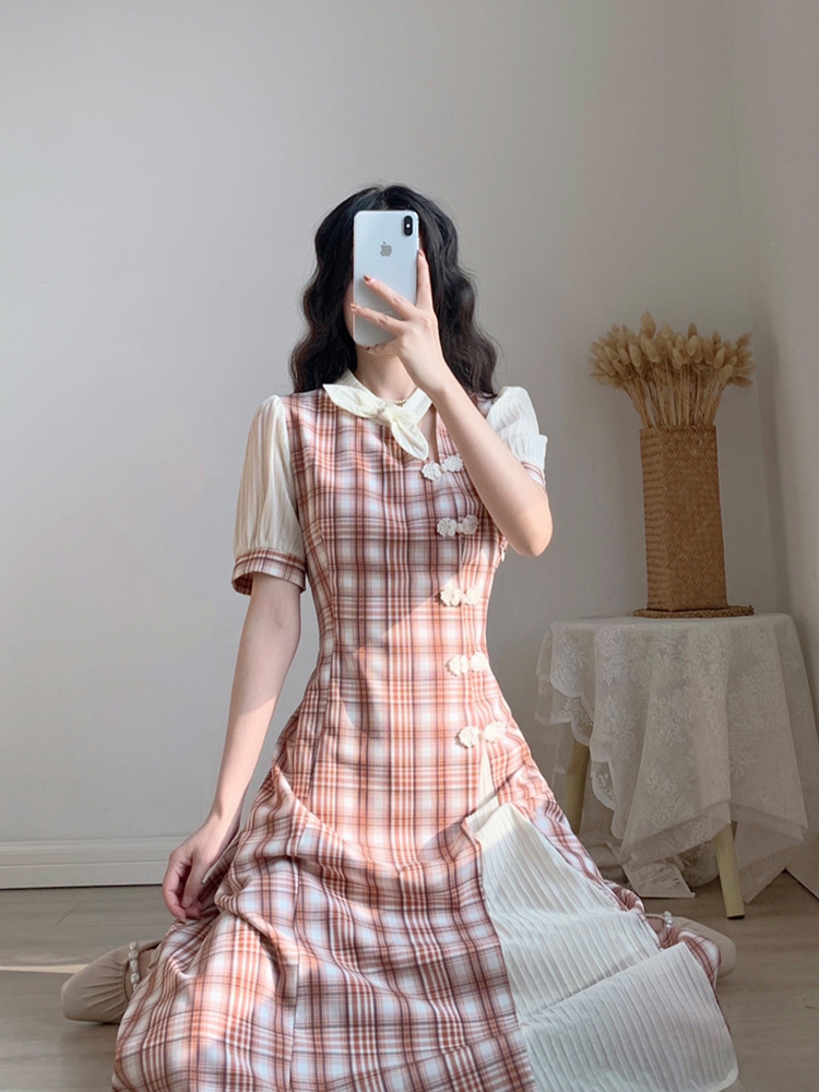 チェック服 チャイナ風チェック柄ロングワンピース