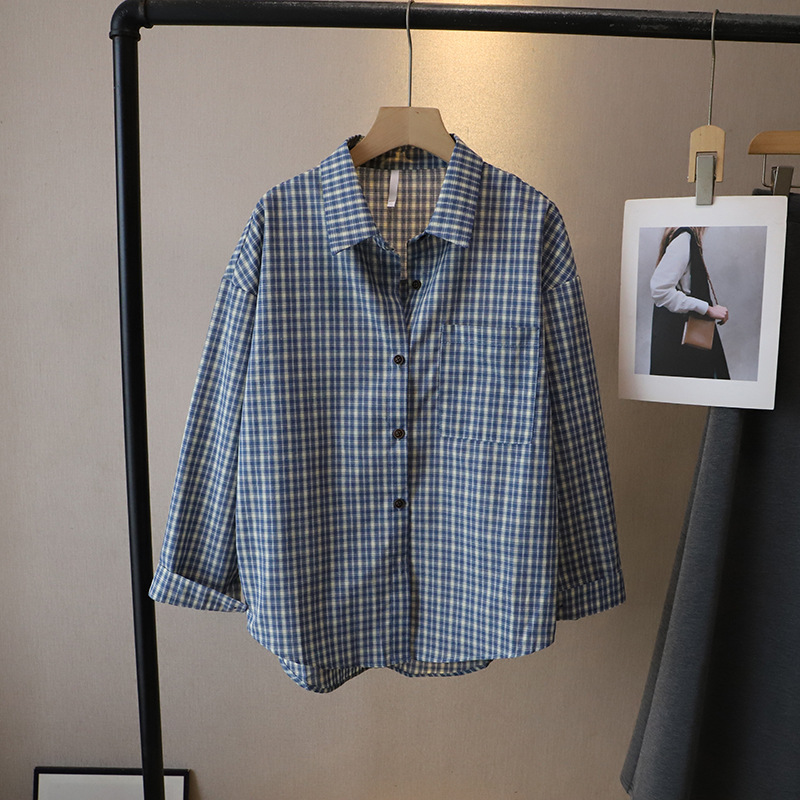 チェック 服 秋の新作★青系チェック柄長袖シャツブラウス