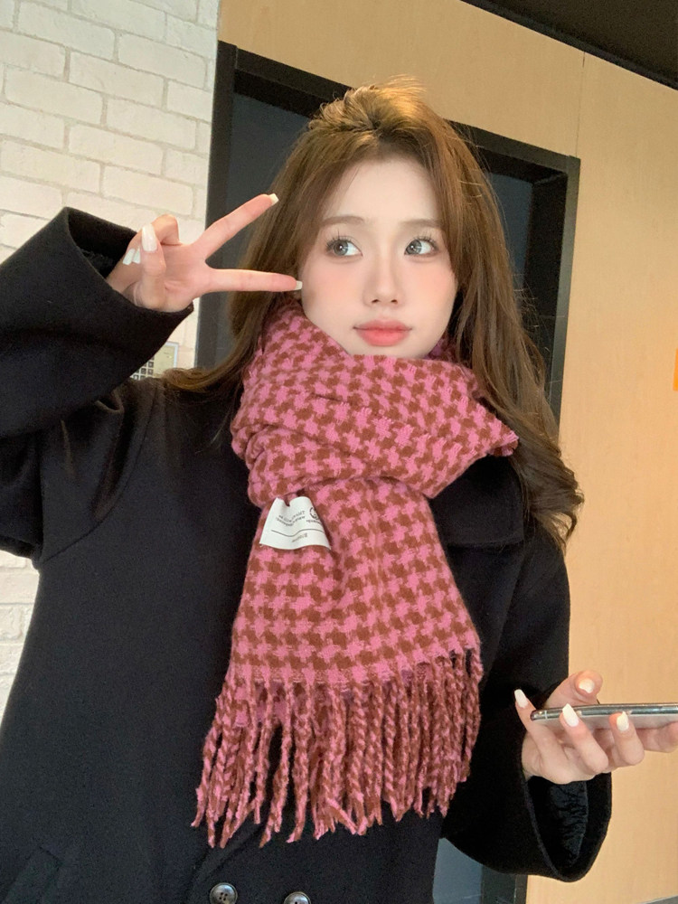 チェック 服 千鳥格子柄ウールフリンジマフラー