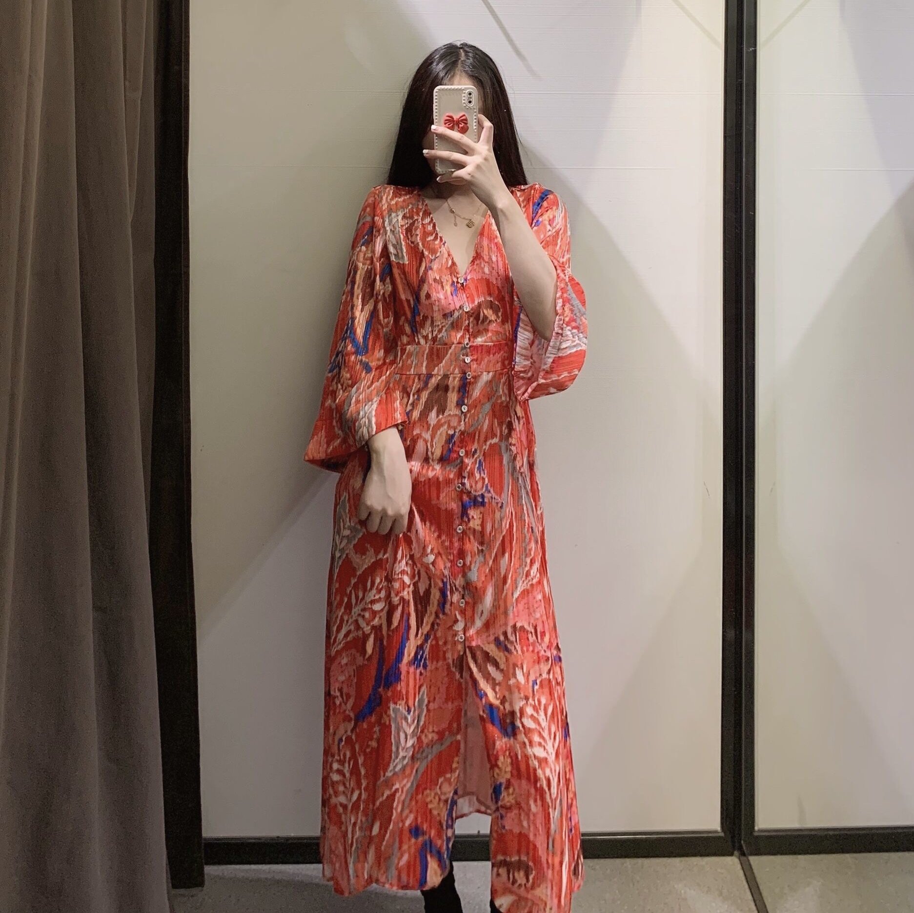 チェック 服 抽象柄プリント深Vネック長袖マキシ丈ドレス