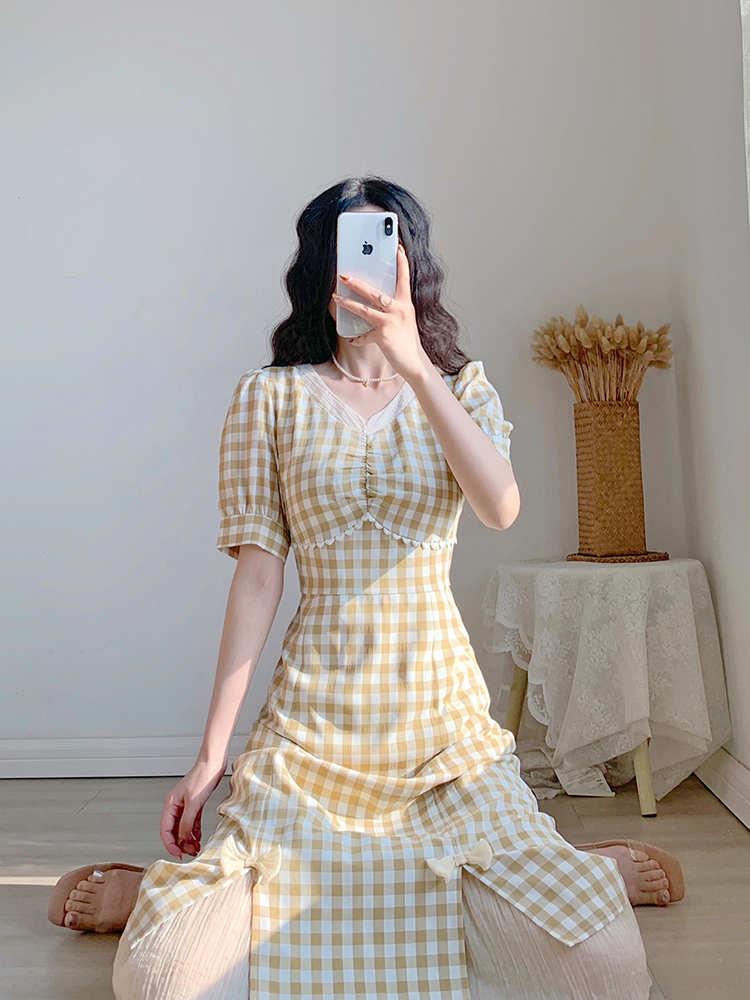 チェック服 リボン付きチェック柄レイヤードワンピース