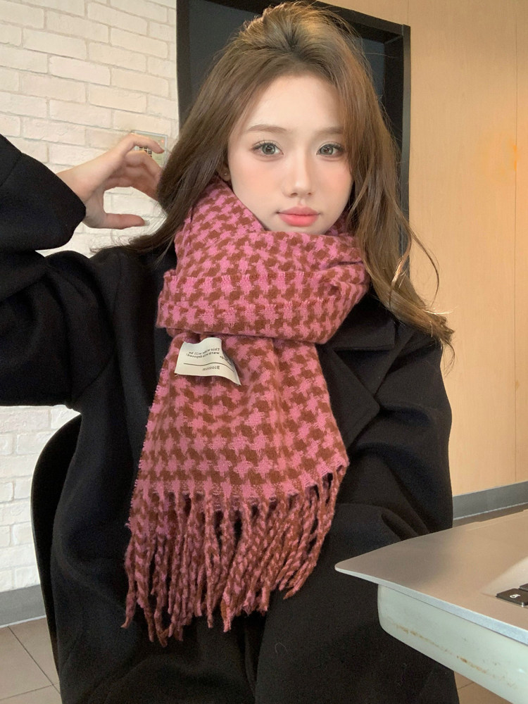 チェック 服 千鳥格子柄ウールフリンジマフラー