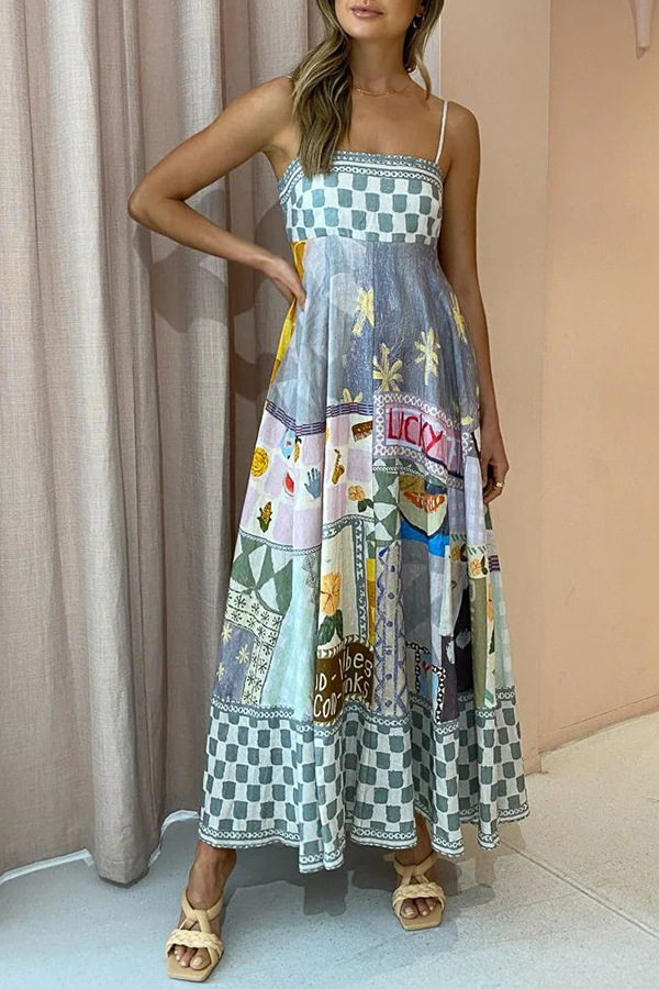 チェック 服 グレー 市松模様パッチワーク柄キャミソールロングドレス