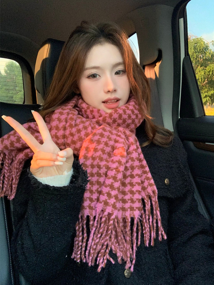 チェック 服 千鳥格子柄ウールフリンジマフラー