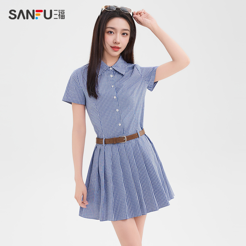 チェック服 チェック柄シャツ襟プリーツワンピース