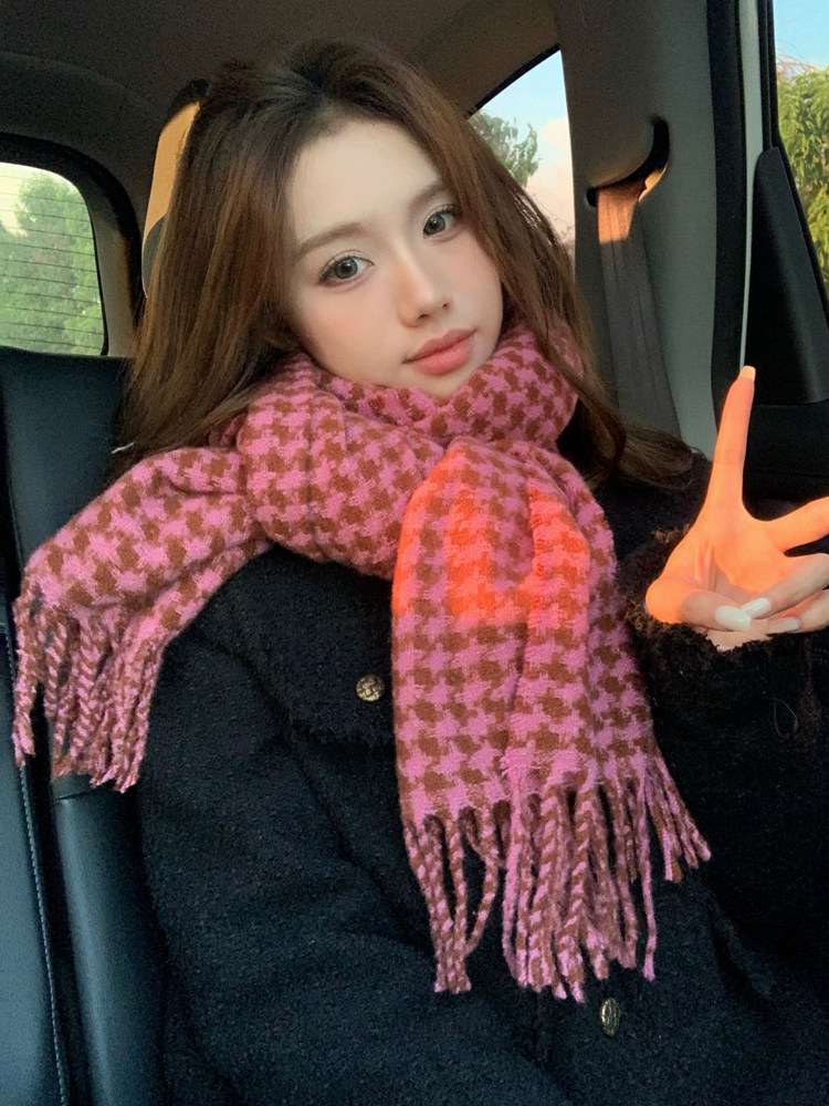 チェック 服 千鳥格子柄ウールフリンジマフラー