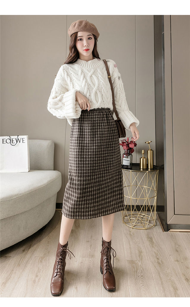 チェック 服 チェック柄ミドル丈裏起毛スリット入りスカート