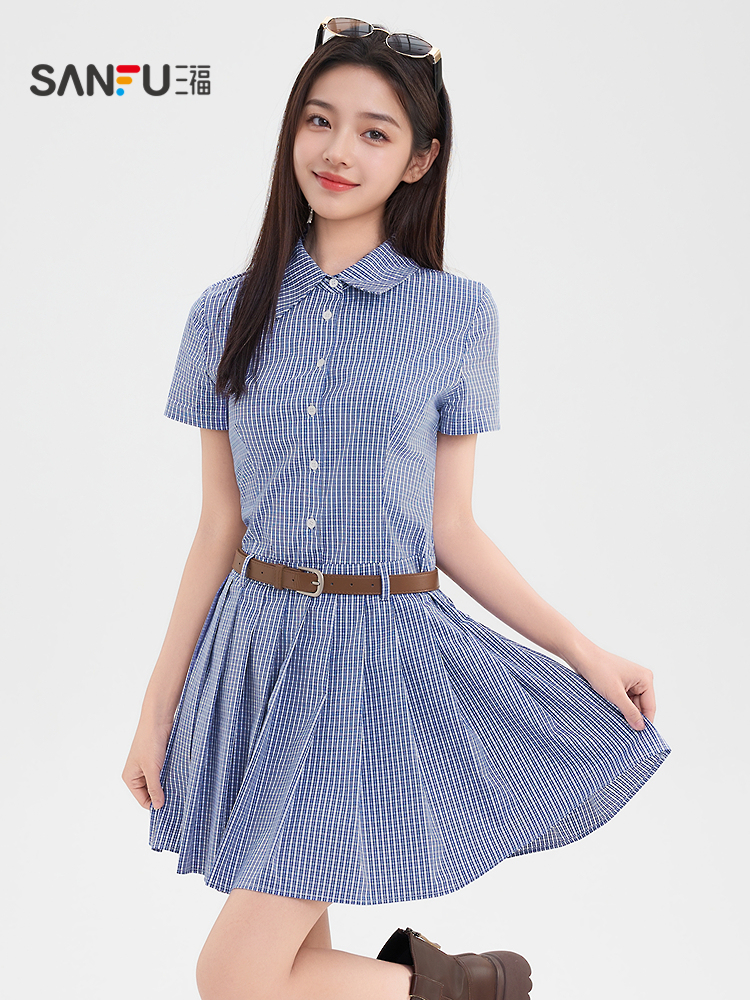 チェック服 チェック柄シャツ襟プリーツワンピース
