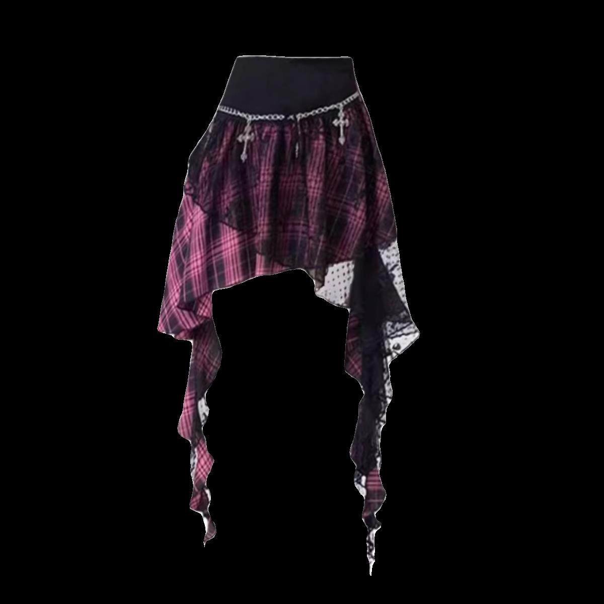 チェック 服 チェック柄アシンメトリー裾不規則レースフリルスカート
