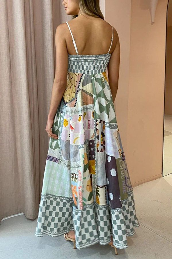 チェック 服 グレー 市松模様パッチワーク柄キャミソールロングドレス