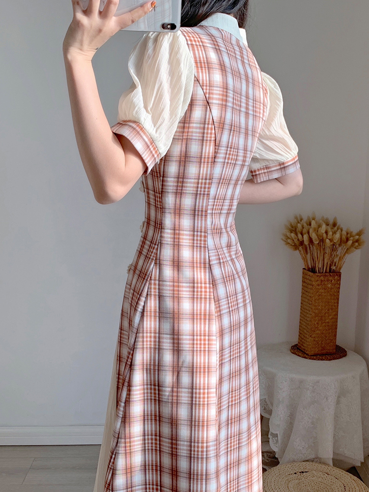 チェック服 チャイナ風チェック柄ロングワンピース