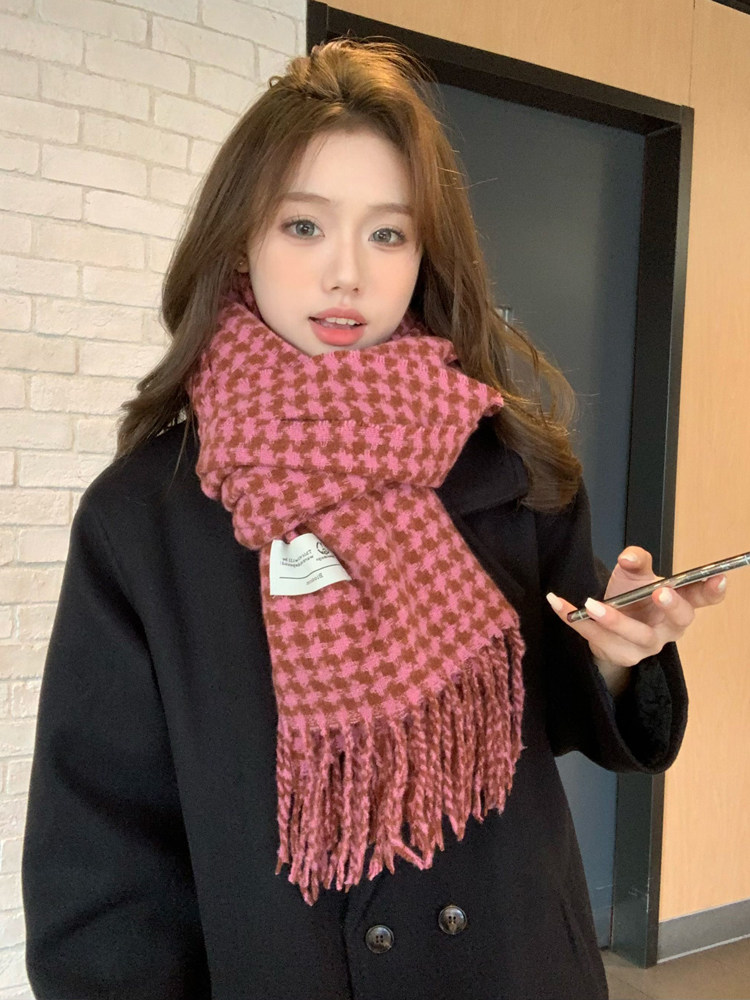 チェック 服 千鳥格子柄ウールフリンジマフラー