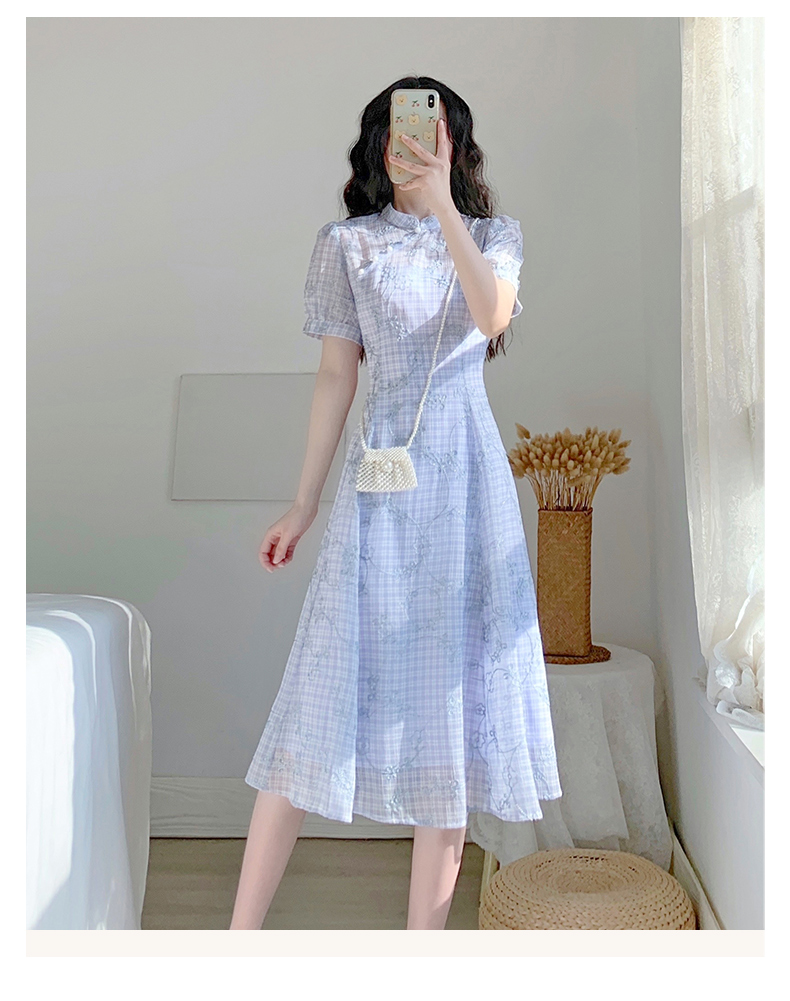 チェック服 花柄刺繍チェック柄チャイナ風ワンピース