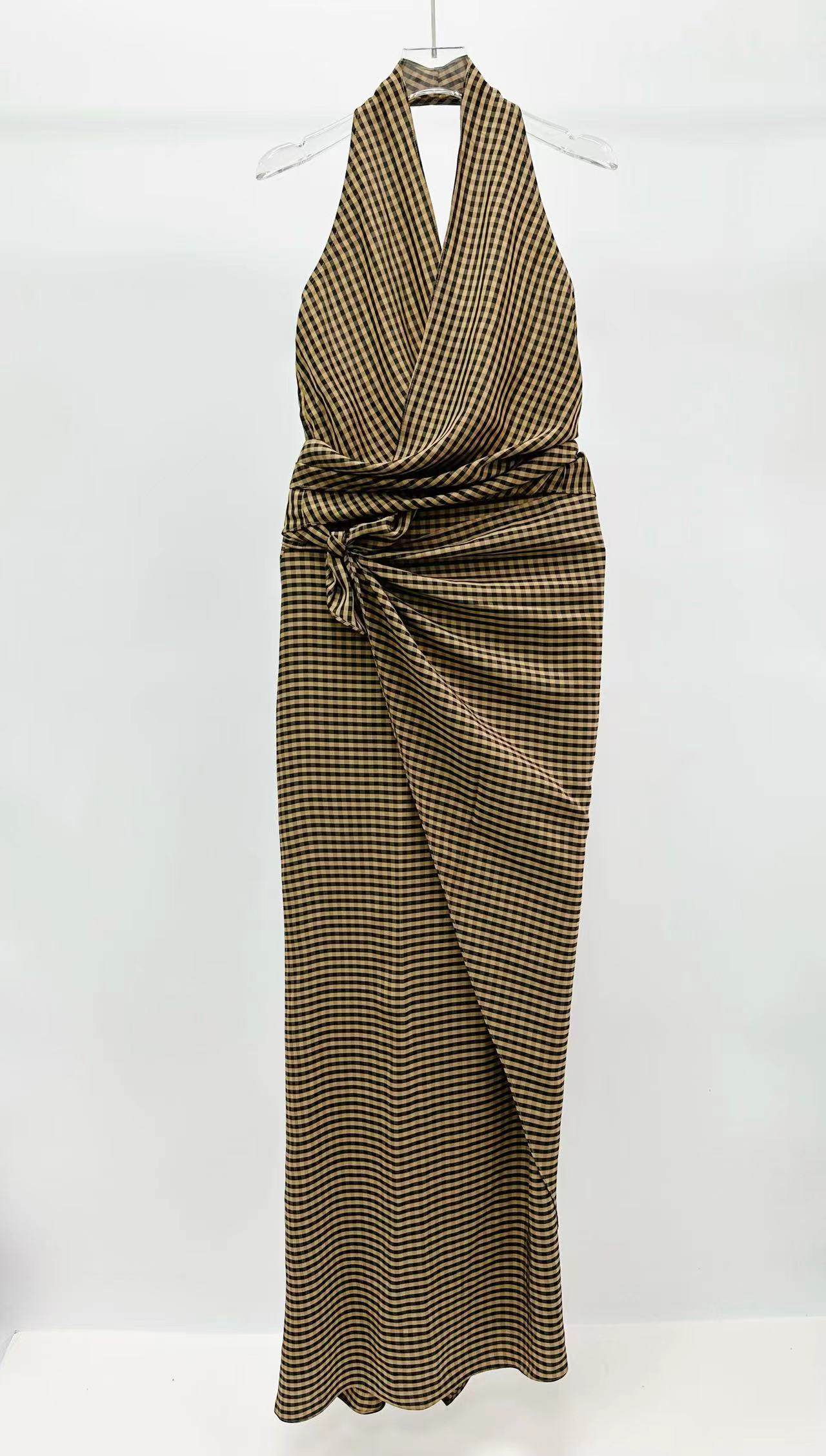 チェック 服 千鳥格子柄ホルターネック背中開きワンピース