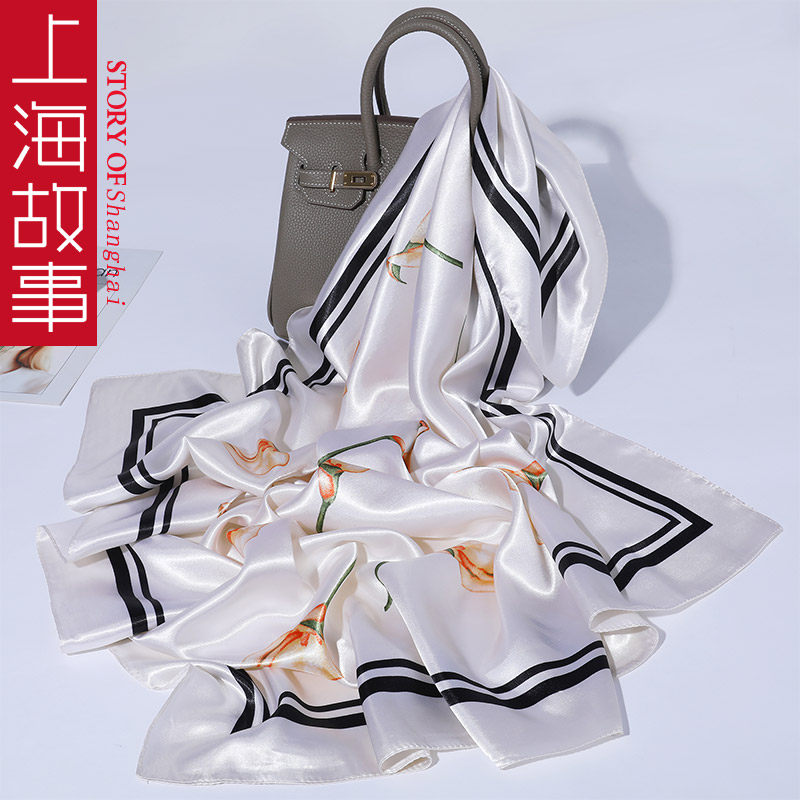 チェック 服 馬柄刺繍入り光沢サテン大判スカーフマフラー