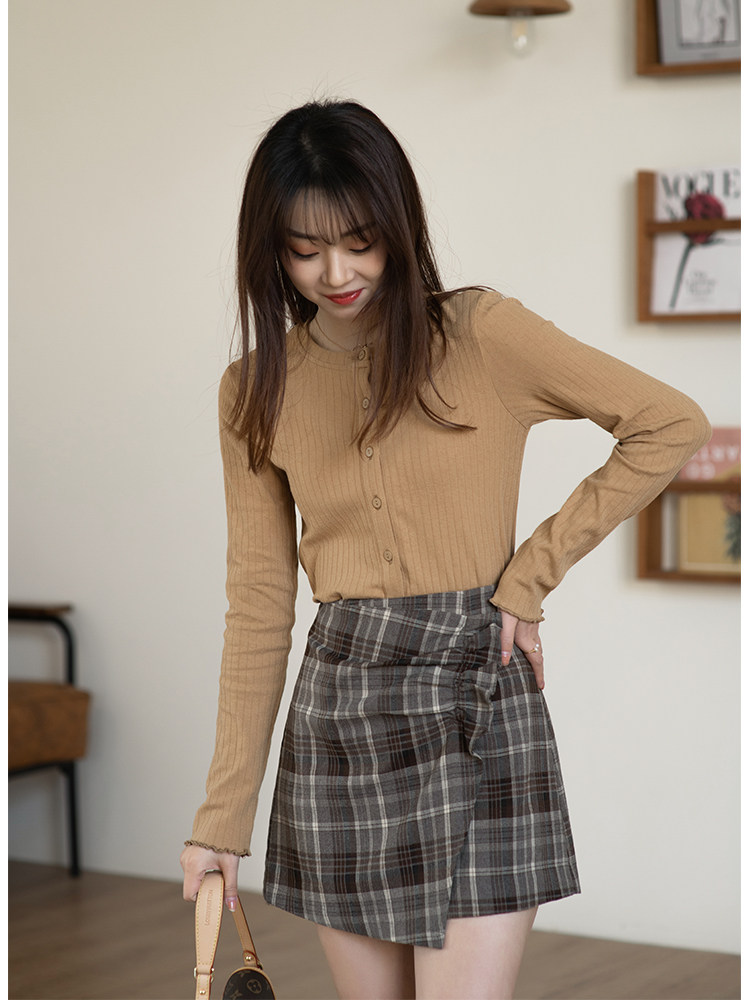 チェックスカート サイドリボン付き格子柄巻き風ミニスカート