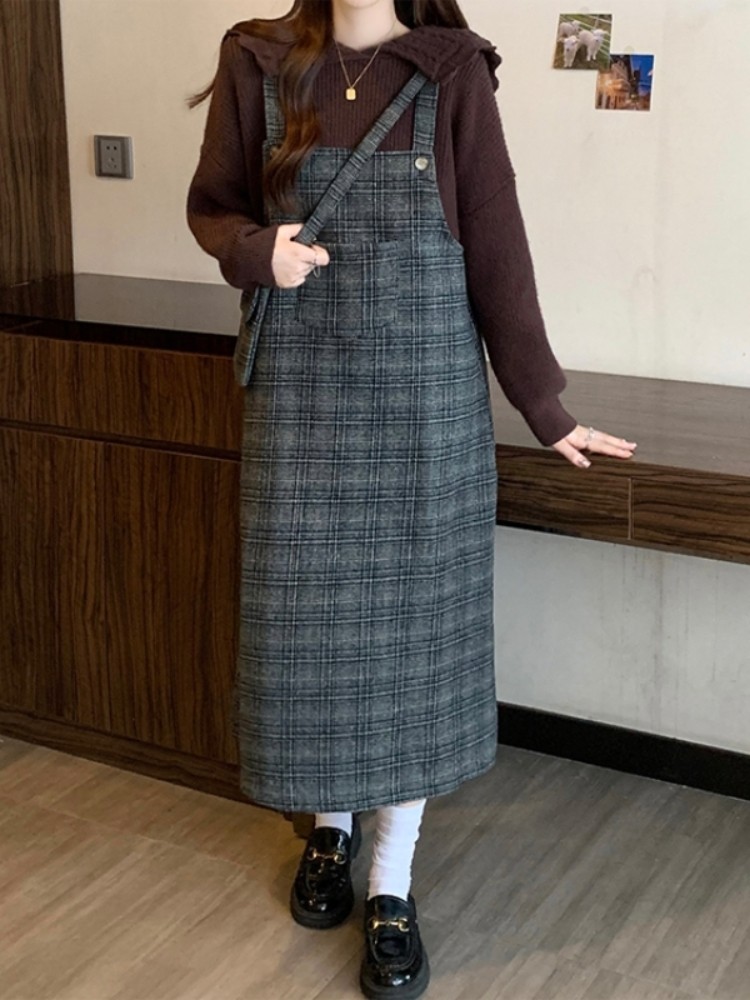 チェックスカート ジャンパースカート風チェック柄ロング丈サロペットスカート