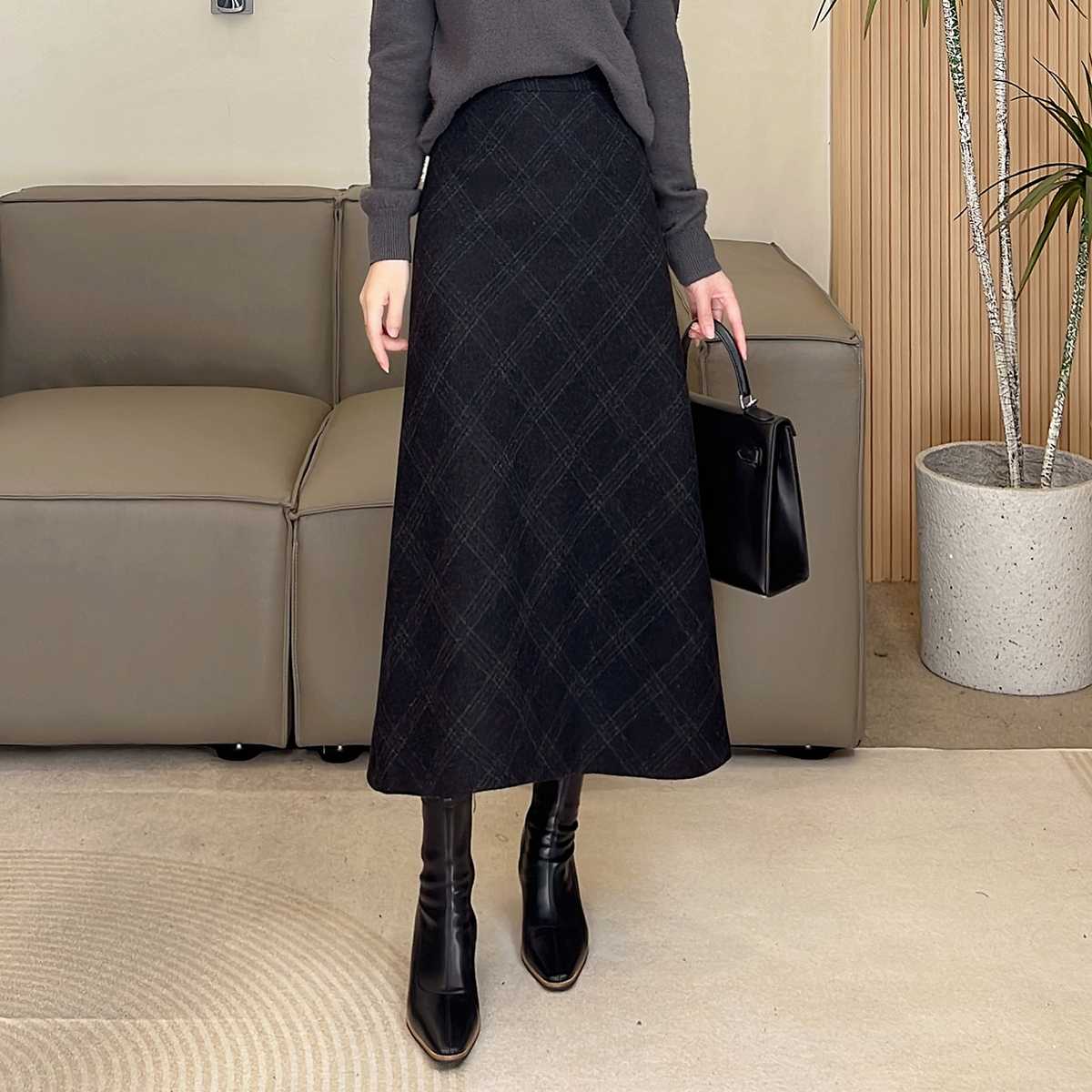 チェックスカート 上品シルエット チェックロング スカート