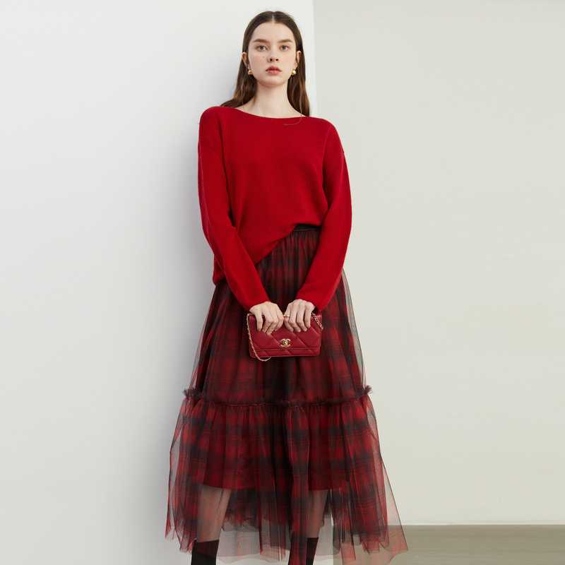 チェックスカート チュールレイヤード プリーツスカート