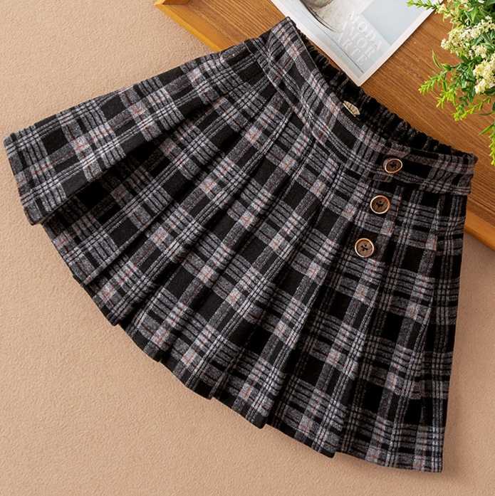 チェックスカート ウッドボタン付きプリーツスカート