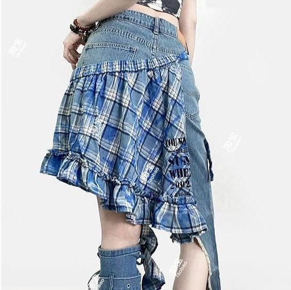 チェックスカート デニム切替チェック柄フリルミニスカート