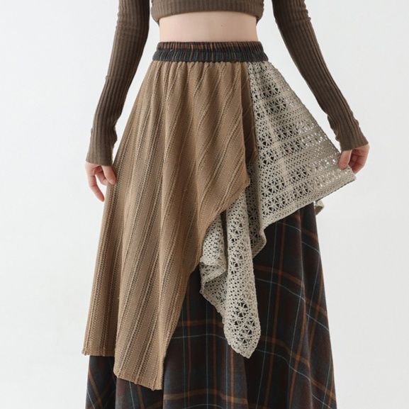 チェックスカート レイヤード風アシンメトリーチェック柄ロングスカート