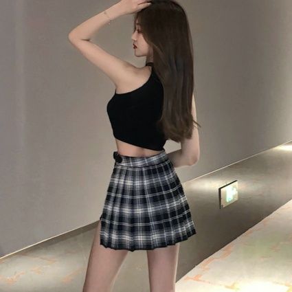 チェックスカート アシンメトリープリーツ切替チェック柄ミニスカート