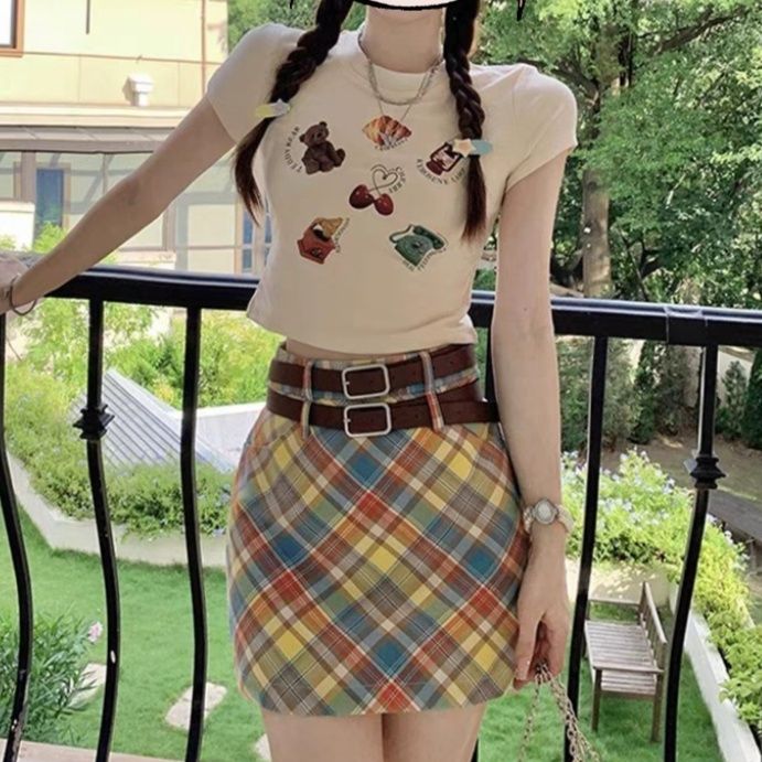 チェックスカート 斜めバイアスマドラスチェック柄タイトミニスカート