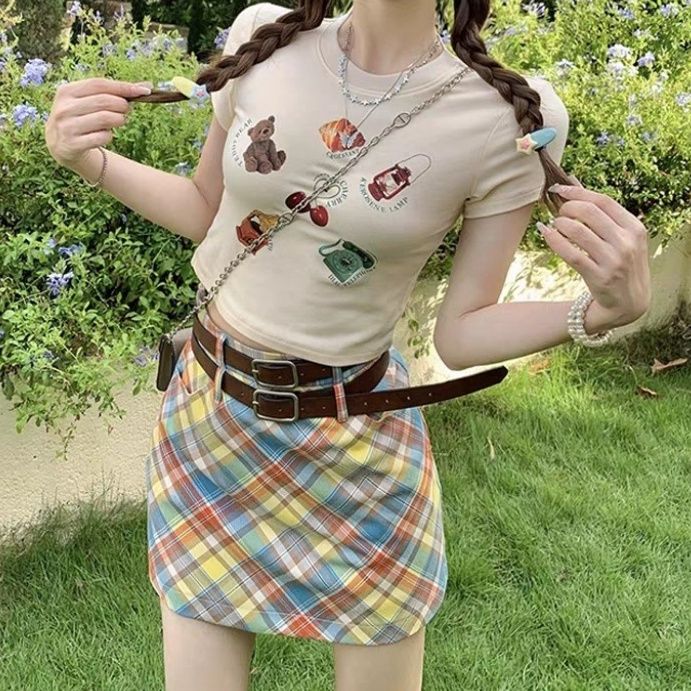 チェックスカート 斜めバイアスマドラスチェック柄タイトミニスカート